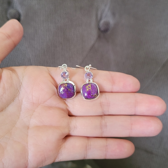Shivam Square Shaped Purple💜 Copper Turquoise With Gold💛 Veins Earrings - Picture 2 of 16